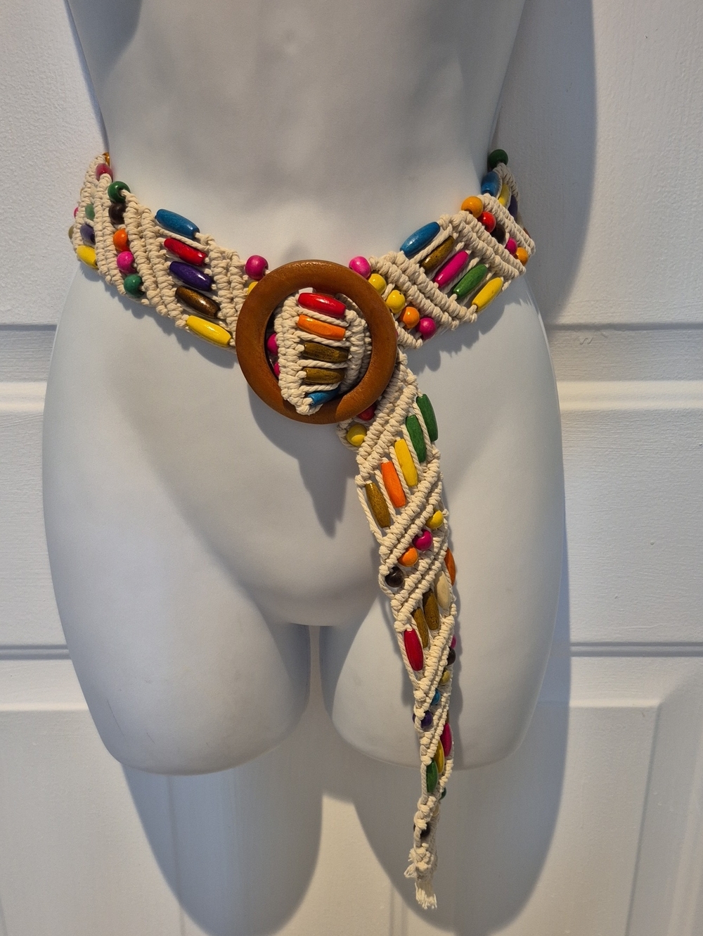 Vintage Boho Macrame Multicolor Beaded Belt with Wooden Buckle